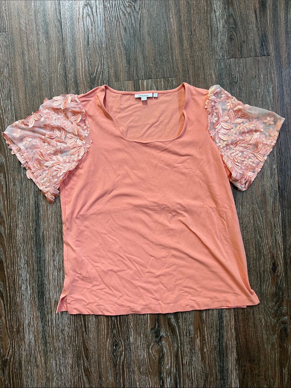 Chico's Peach Embroidered Lace Sleeve Short Sleeve Tee